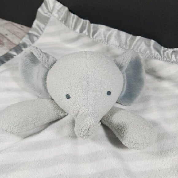 Cloud Island Baby Lovey Gray Elephant Plush Satin-Lined G/W Striped Blanket 14" - Picture 7 of 13